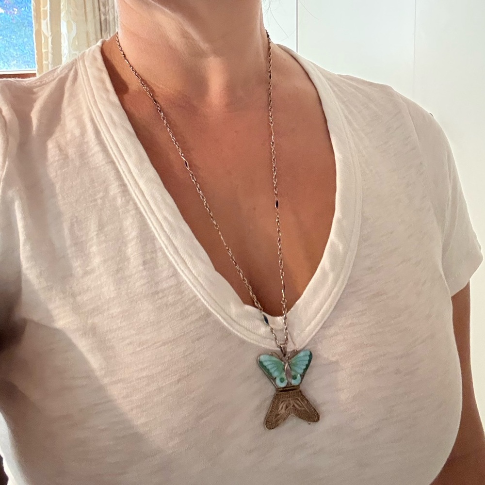 Vintage Chinese Cloisonné butterfly necklace, stamped silver (china) - Picture 9 of 10